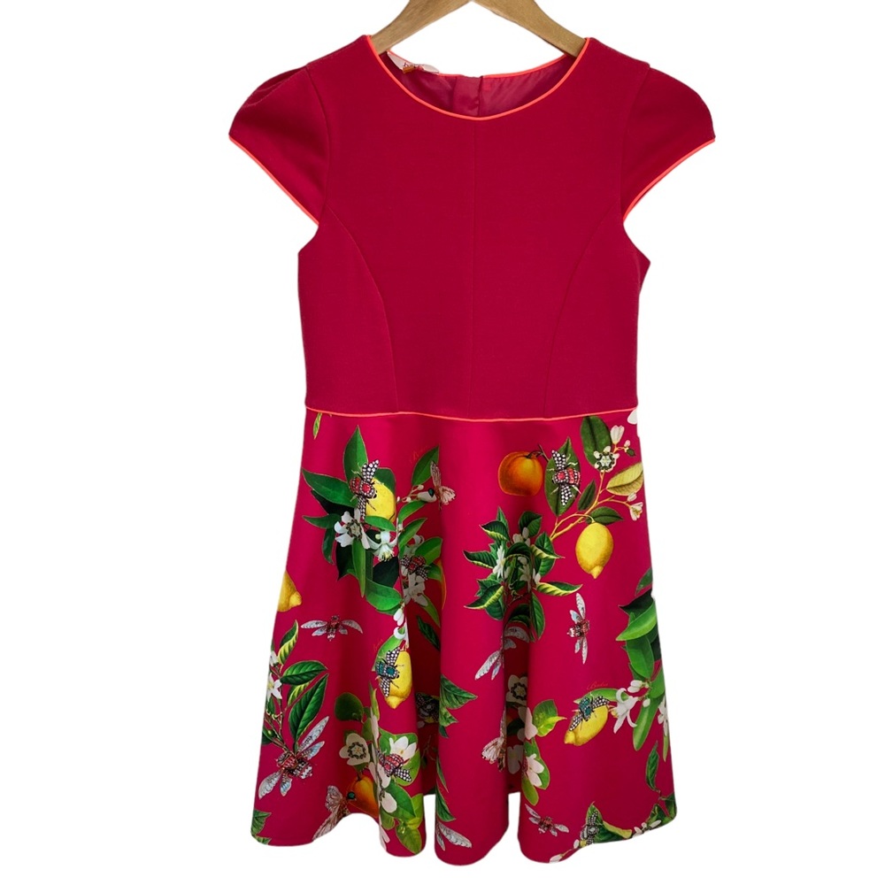 Baker by Ted Baker Fit & Flare Dress Pink Printed Bees, Florals, and Diamonds